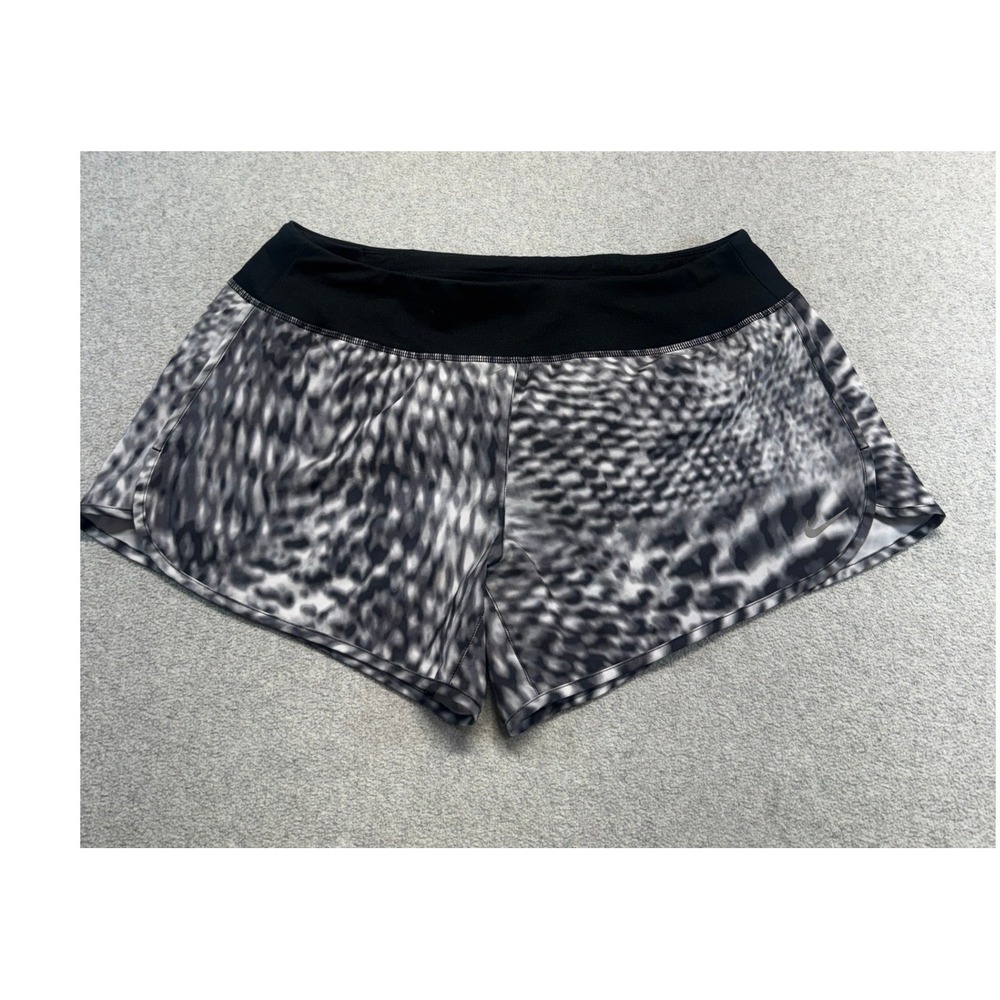 Nike Dri-FIT Womens L Running Shorts Black Gray Abstract Print Athletic Gym